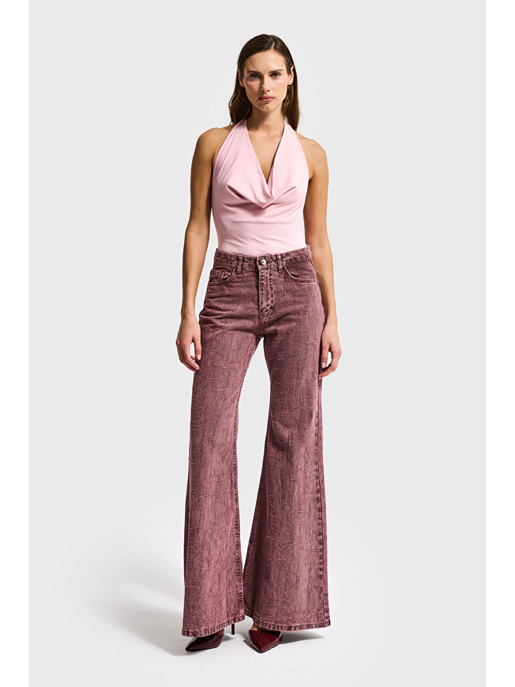 Pembe Kadın Gül Kurusu Renk 6s6-98 Flare Fit Özel Kumaş Tasarım Denim Jean-6