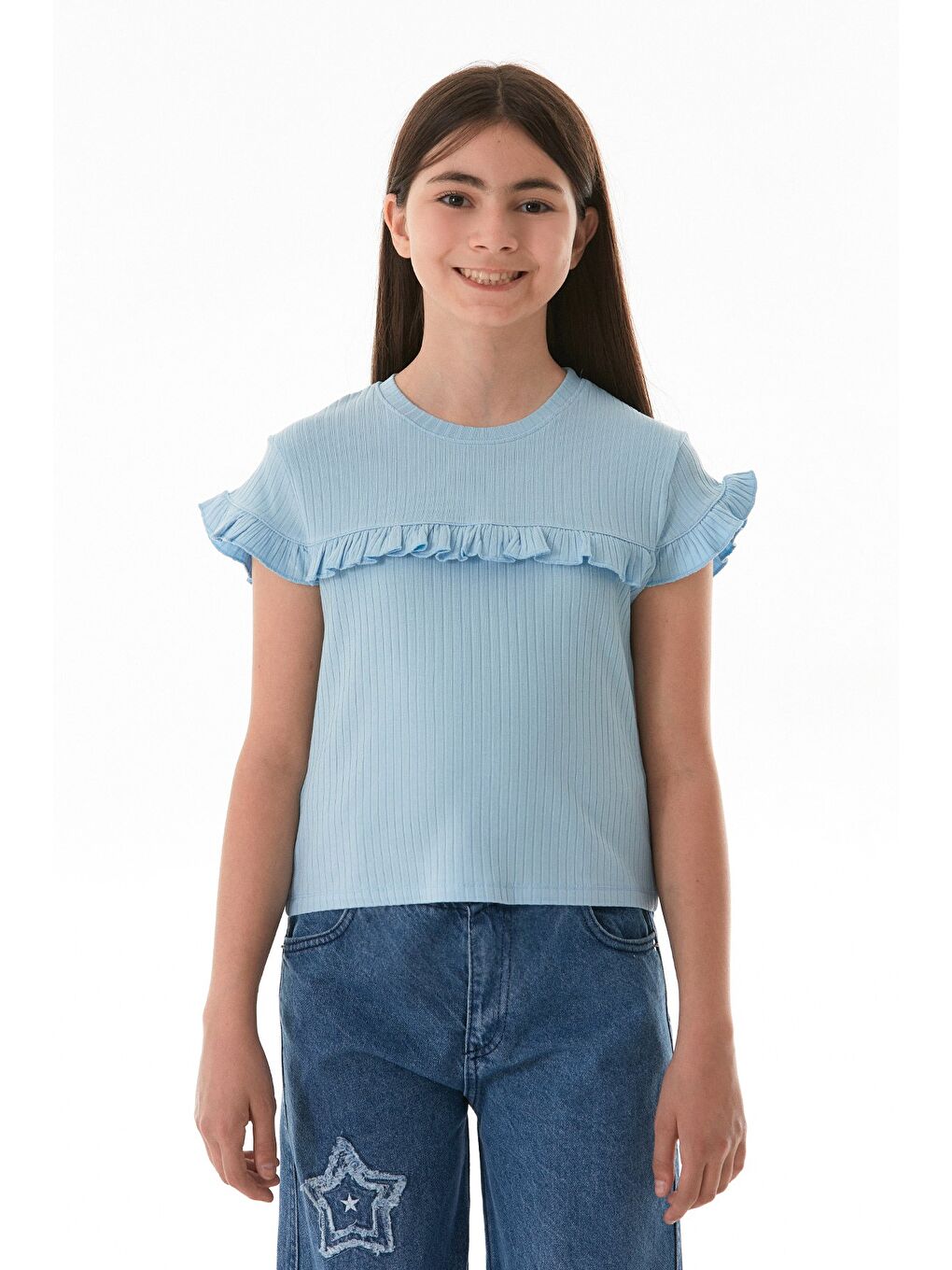 Mavi Fitilli Önü Fırfırlı Elastanlı Kız Çocuk Body-1