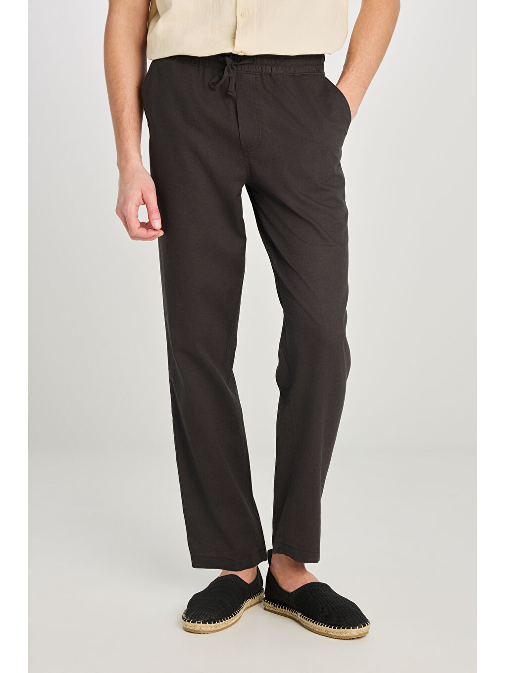 Regular Fit Normal Kesim Lastik Bel Detaylı Keten Karışımlı Antrasit Pantolon-2