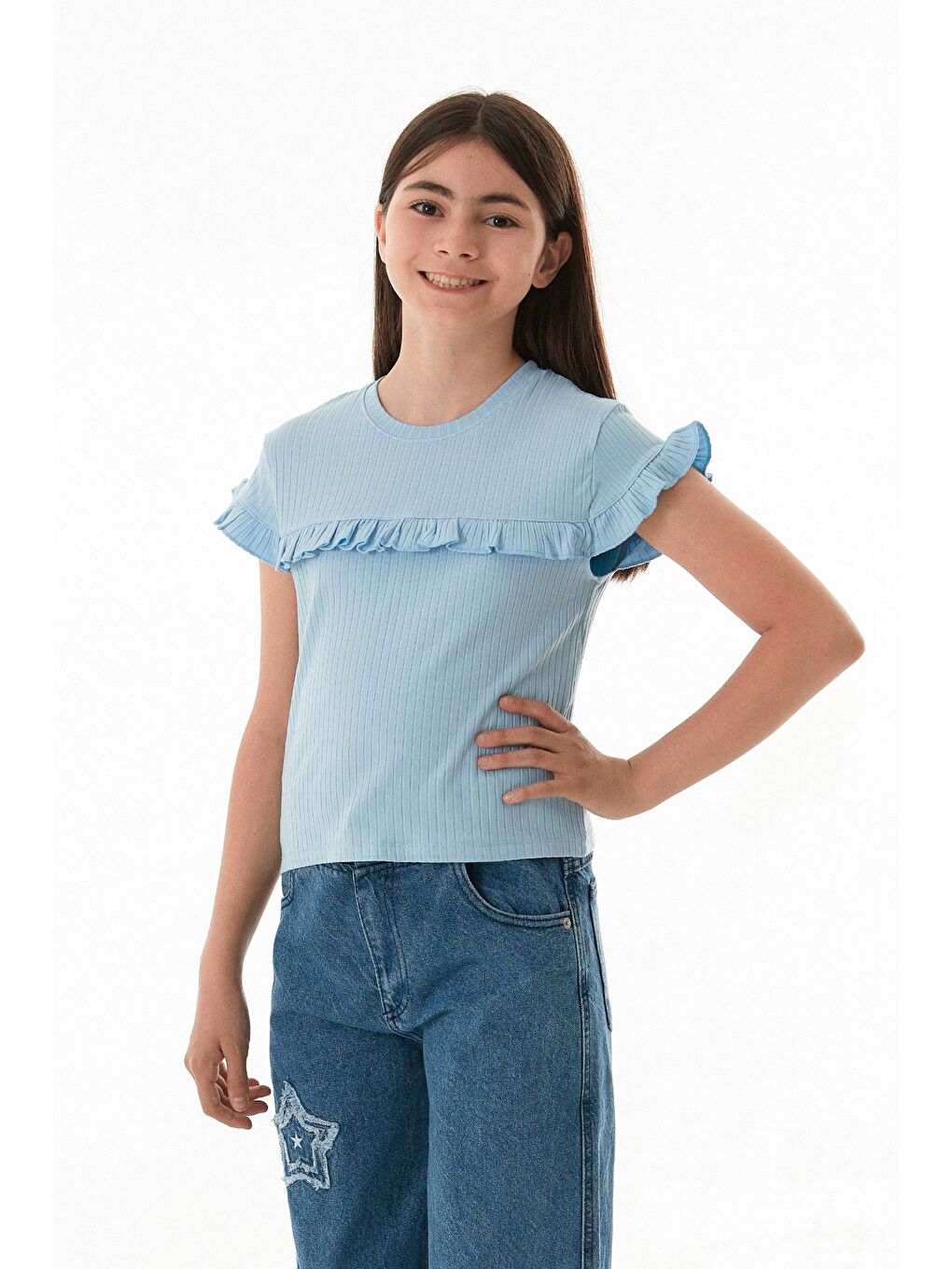 Mavi Fitilli Önü Fırfırlı Elastanlı Kız Çocuk Body-2