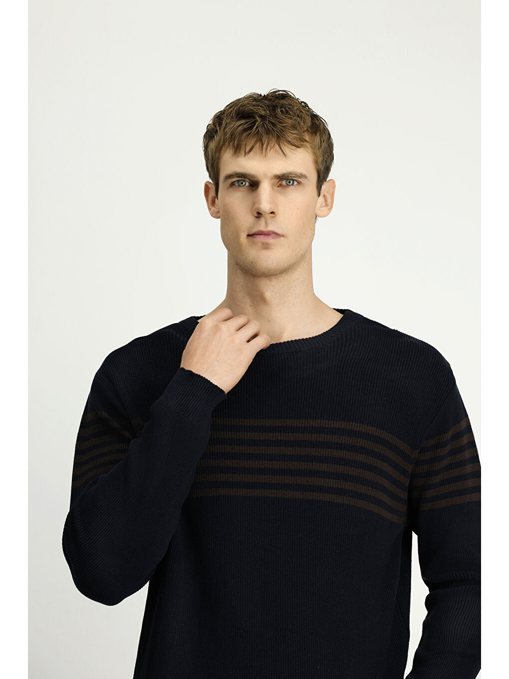 Lacivert Bisiklet Yaka Regular Fit Çizgili Triko Kazak-3