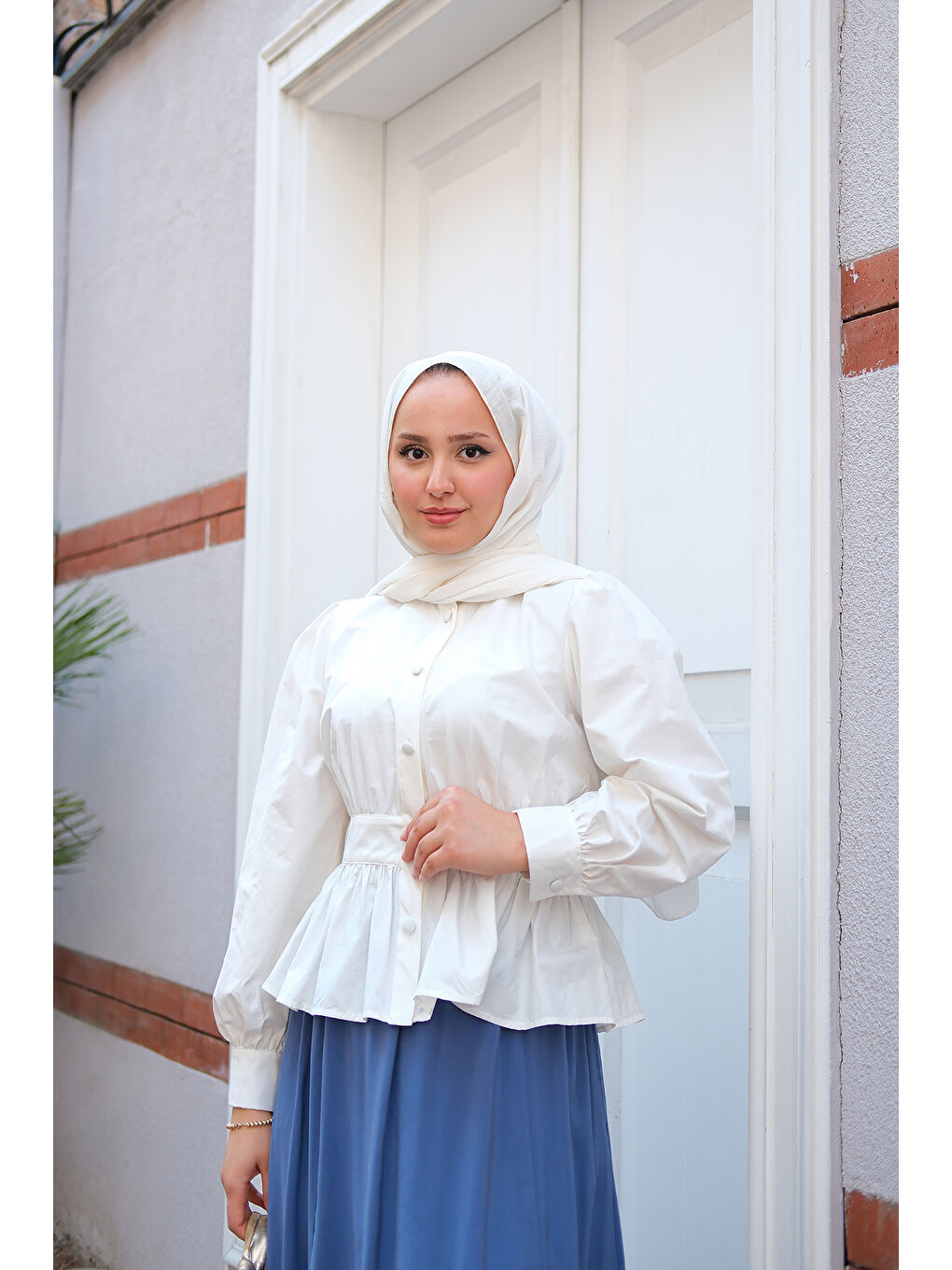 Kadın Beli Büzgü Detaylı Gömlek Beyaz-2