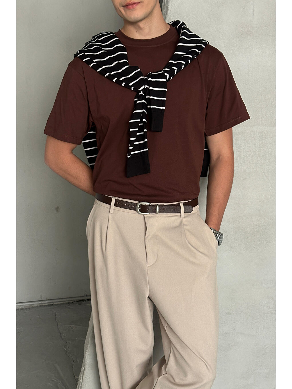 Kahverengi Erkek %100 Pamuk Oversize Basic T-shirt