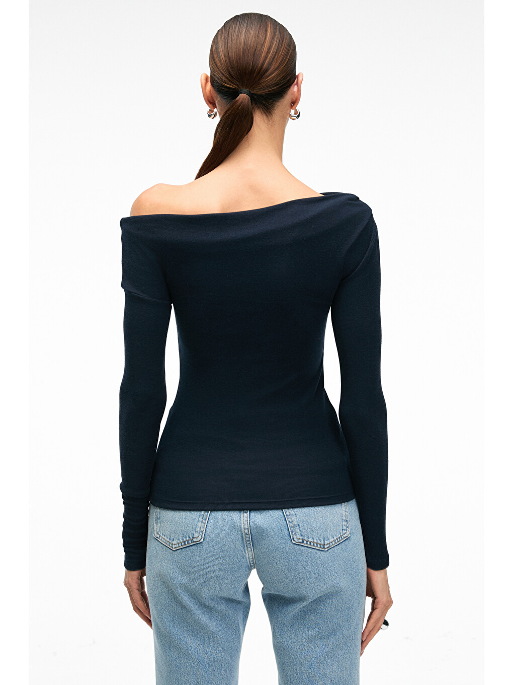 Olıvıenn Kadın Omuzu Açık Asimetrik Yakalı Uzun Kollu Slim Fit Lacivert Bluz-3