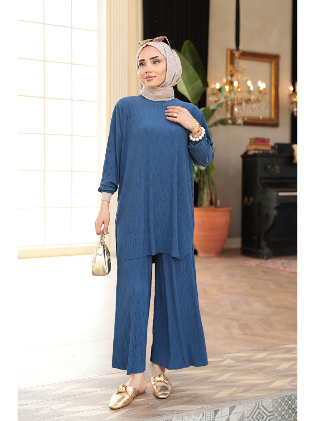 Kadın Kabarık Kumaş Takım Lacivert-1