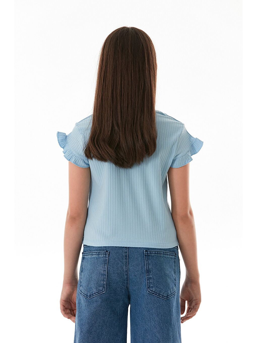 Mavi Fitilli Önü Fırfırlı Elastanlı Kız Çocuk Body-3