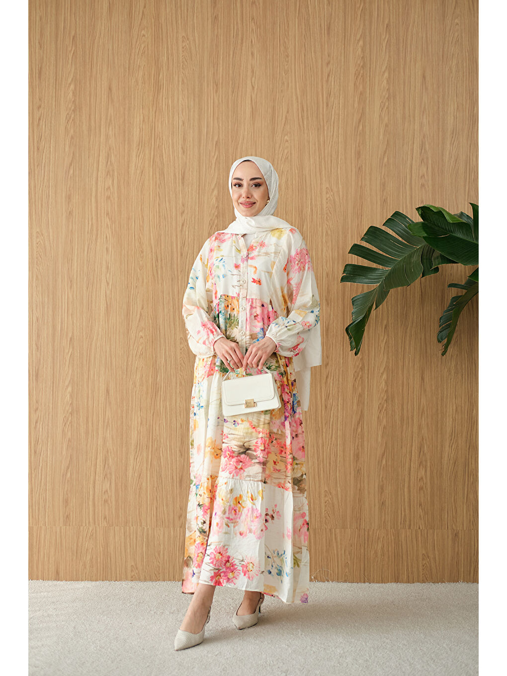 Ekru Kadın Sulu Boya Desen Elbise Krem-3