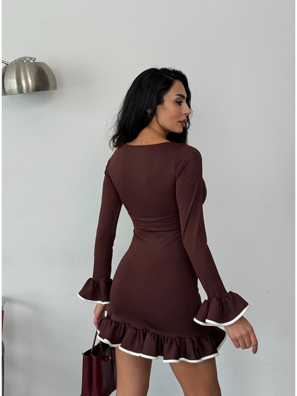 Kahverengi Dalgıç Kumaş Biyeli Elbise-2