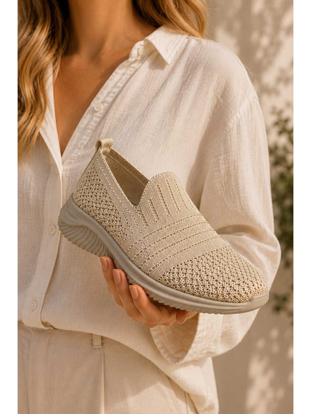 Ekru Kadın Simli Triko Slip-on Günlük Sneaker Hafif Konfor Yürüyüş Ayakkabısı-1