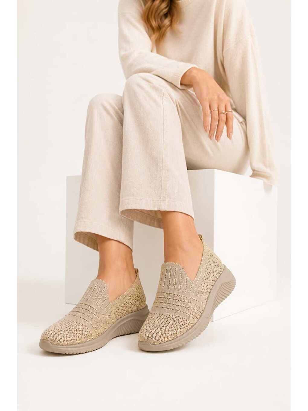 Ekru Kadın Simli Triko Slip-on Günlük Sneaker Hafif Konfor Yürüyüş Ayakkabısı-2