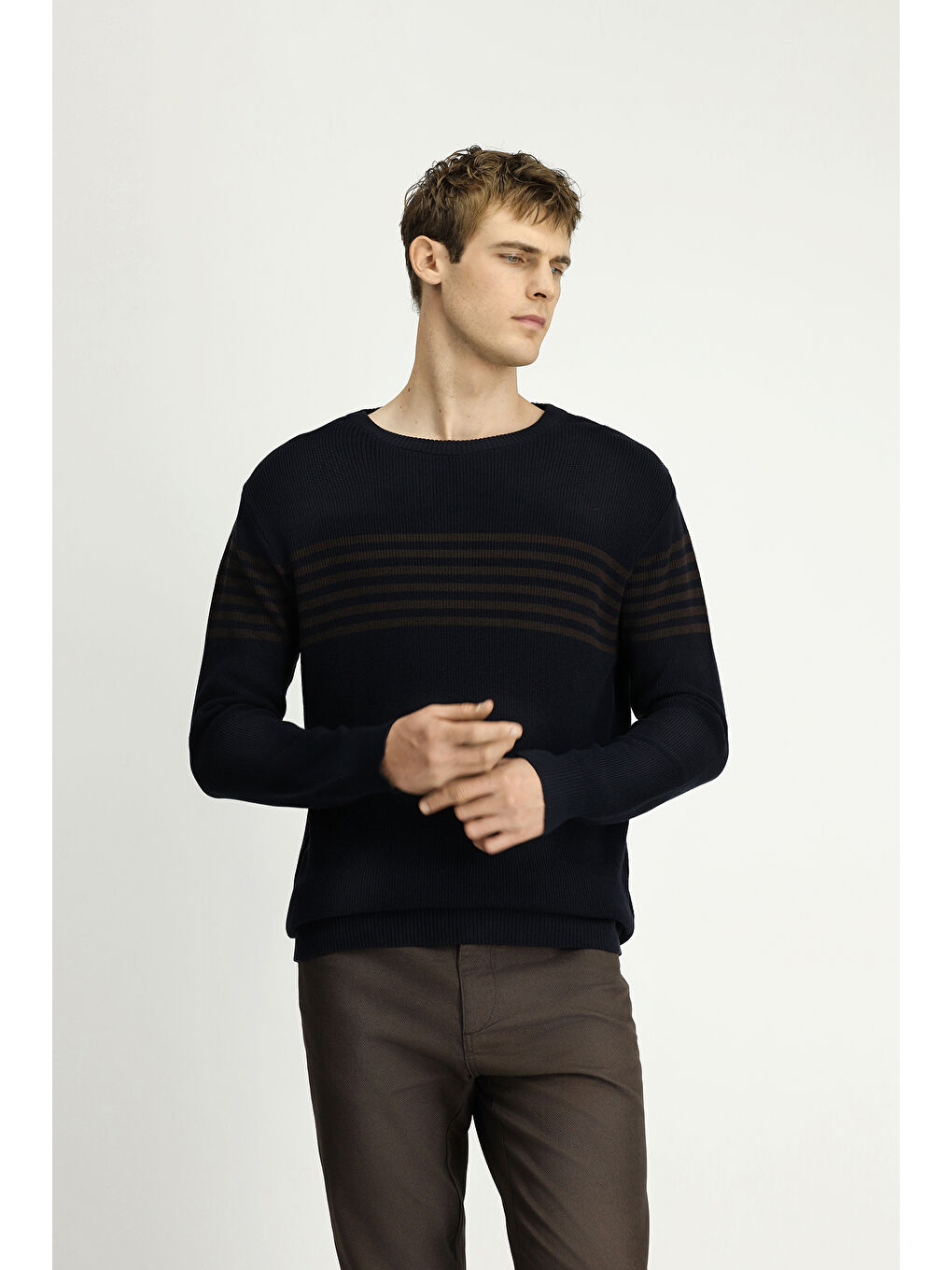 Lacivert Bisiklet Yaka Regular Fit Çizgili Triko Kazak-4