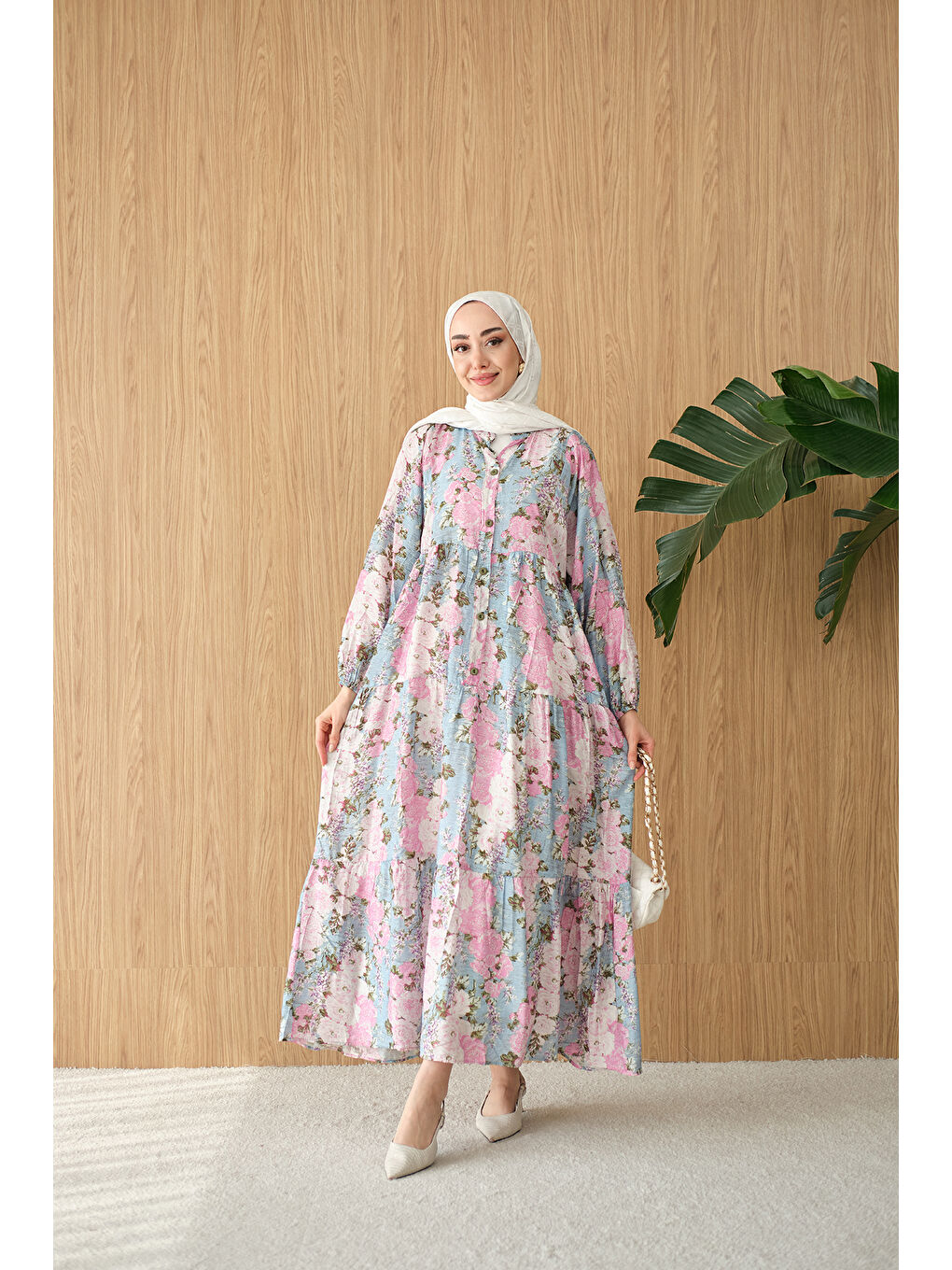 Kadın Mini Gül Desen Elbise Mavi-1