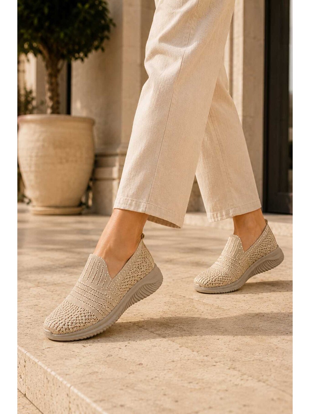 Ekru Kadın Simli Triko Slip-on Günlük Sneaker Hafif Konfor Yürüyüş Ayakkabısı-3