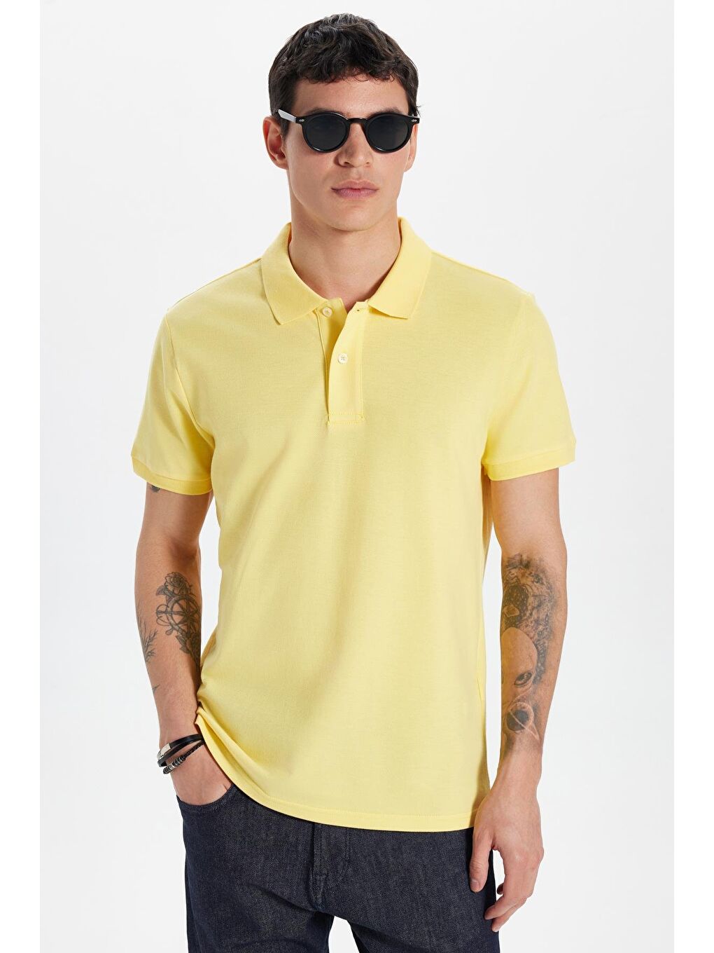 Erkek Slim Fit Dar Kesim %100 Pamuk Sarı Polo Yaka Tişört-2