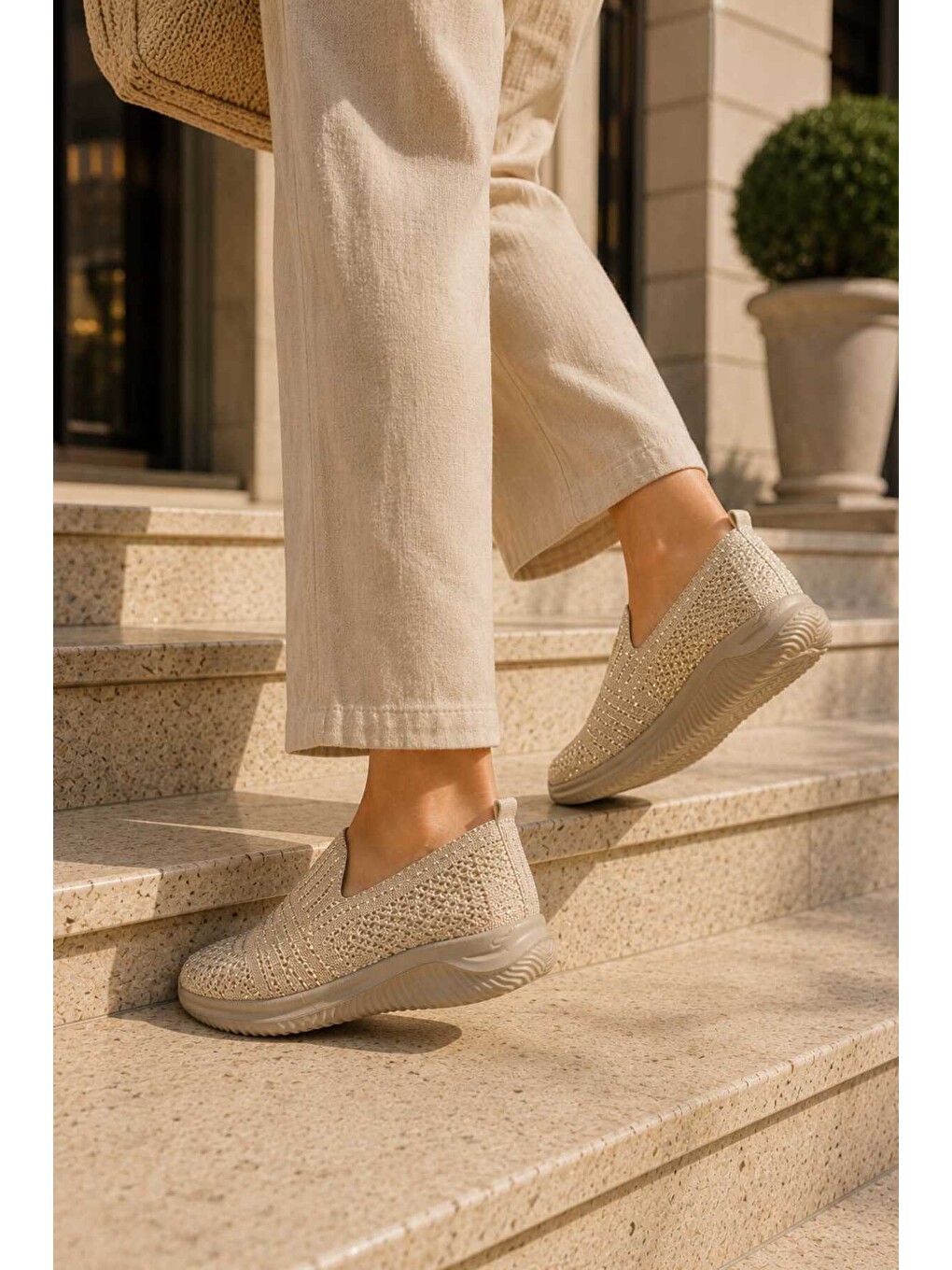 Ekru Kadın Simli Triko Slip-on Günlük Sneaker Hafif Konfor Yürüyüş Ayakkabısı-4