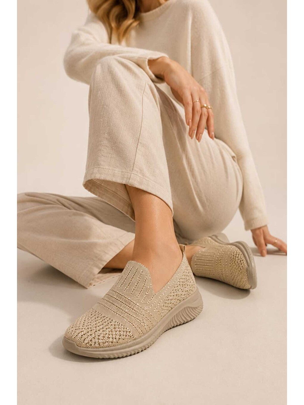Ekru Kadın Simli Triko Slip-on Günlük Sneaker Hafif Konfor Yürüyüş Ayakkabısı-5