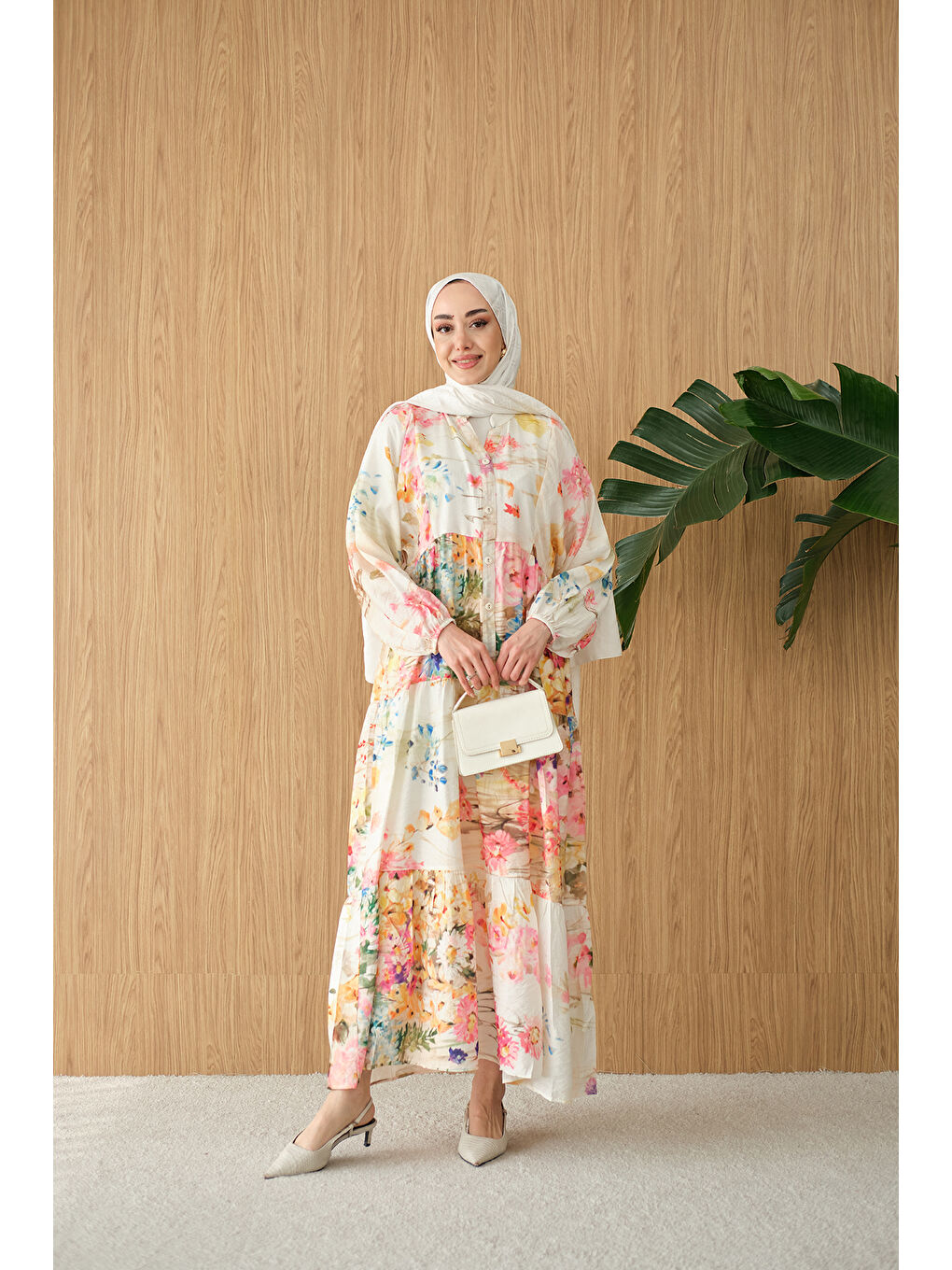 Ekru Kadın Sulu Boya Desen Elbise Krem-4