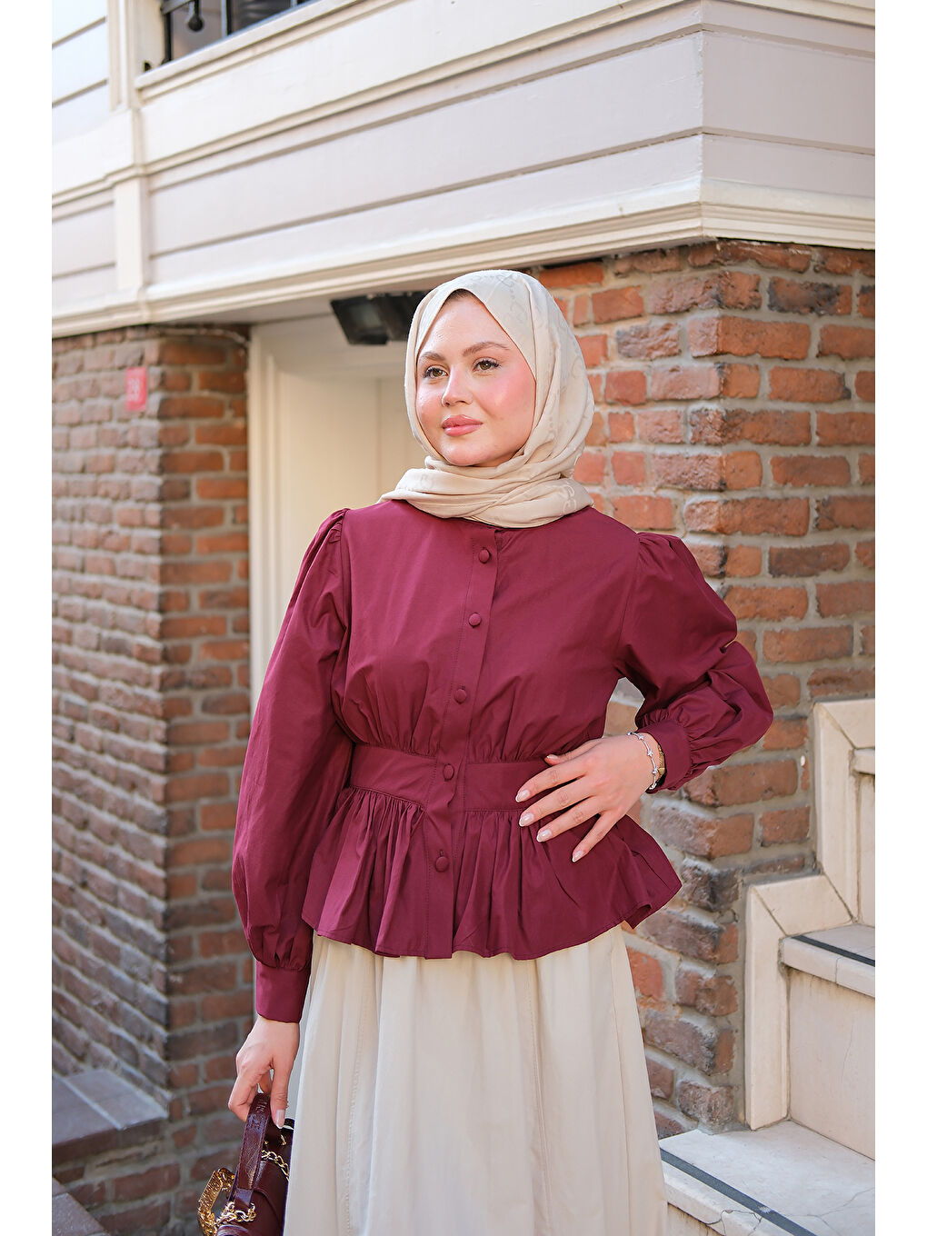 Kadın Beli Büzgü Detaylı Gömlek Bordo-2