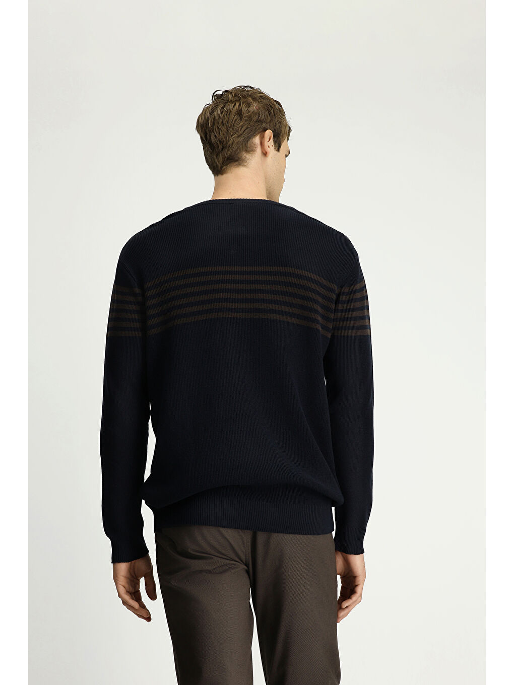 Lacivert Bisiklet Yaka Regular Fit Çizgili Triko Kazak-5