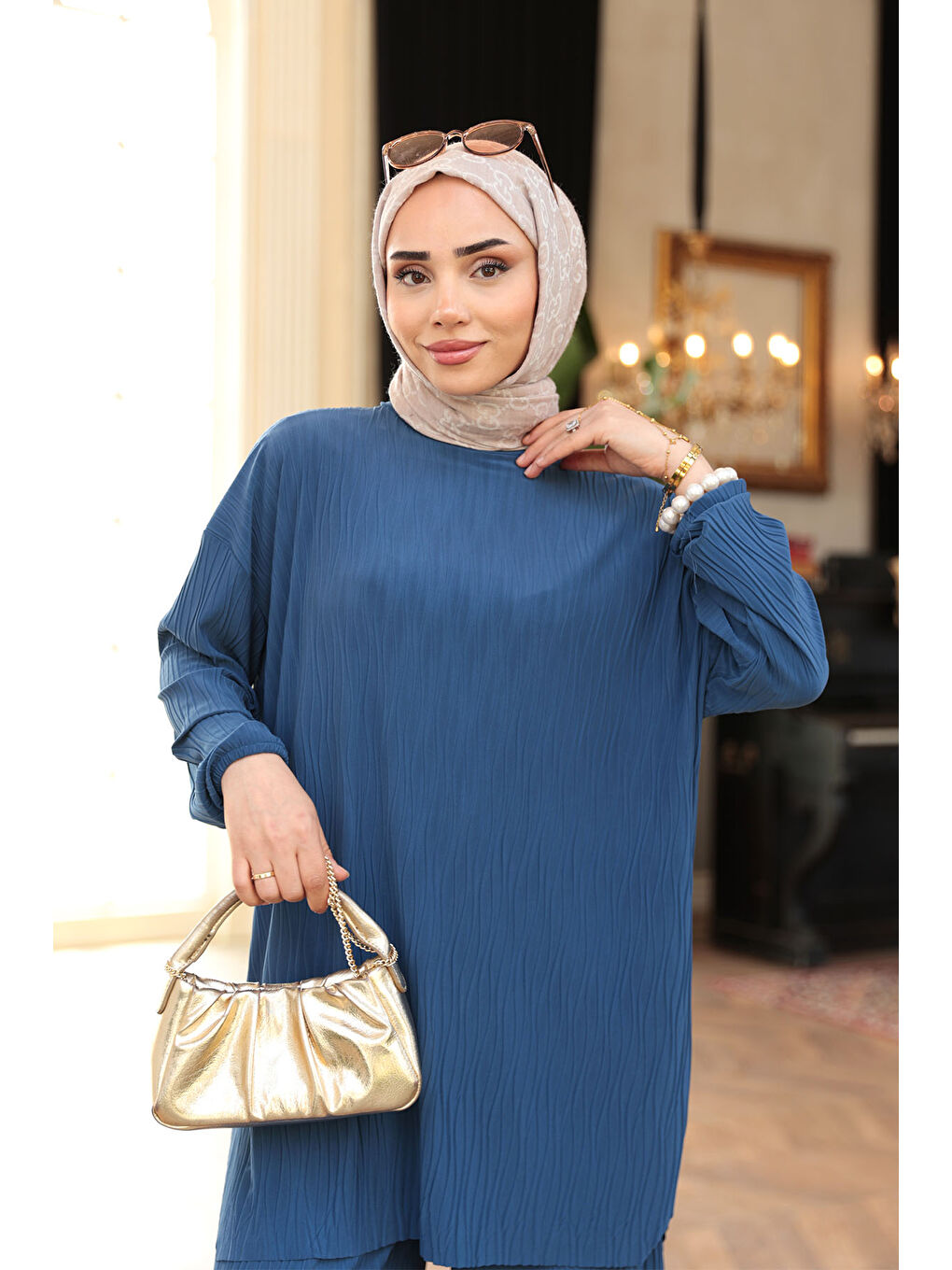 Kadın Kabarık Kumaş Takım Lacivert-3