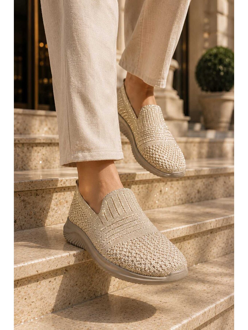 Ekru Kadın Simli Triko Slip-on Günlük Sneaker Hafif Konfor Yürüyüş Ayakkabısı-7
