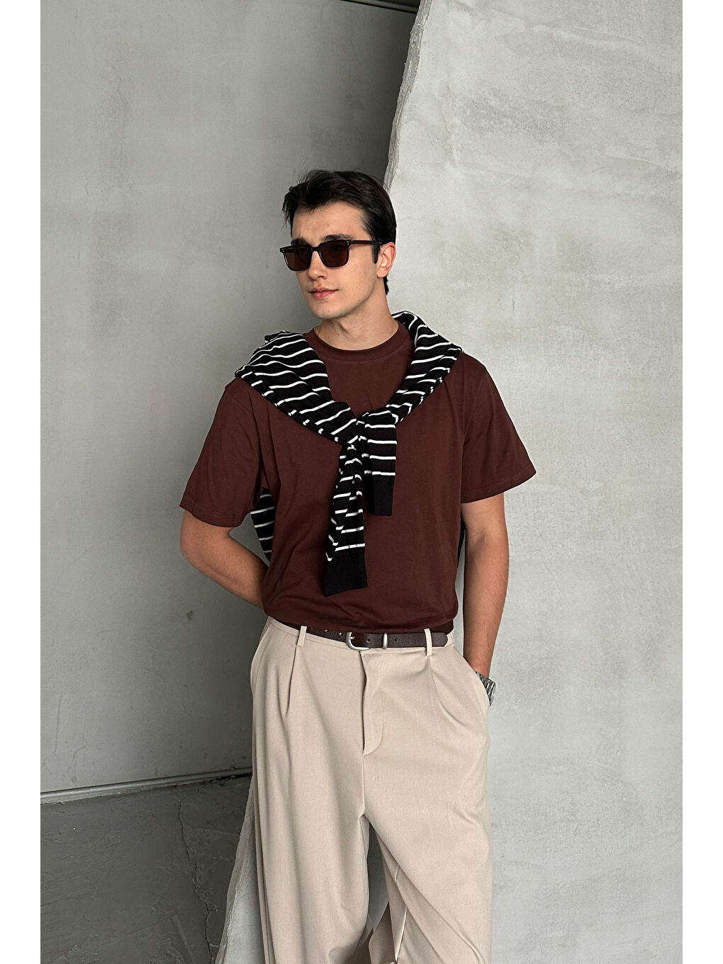 Kahverengi Erkek %100 Pamuk Oversize Basic T-shirt-1