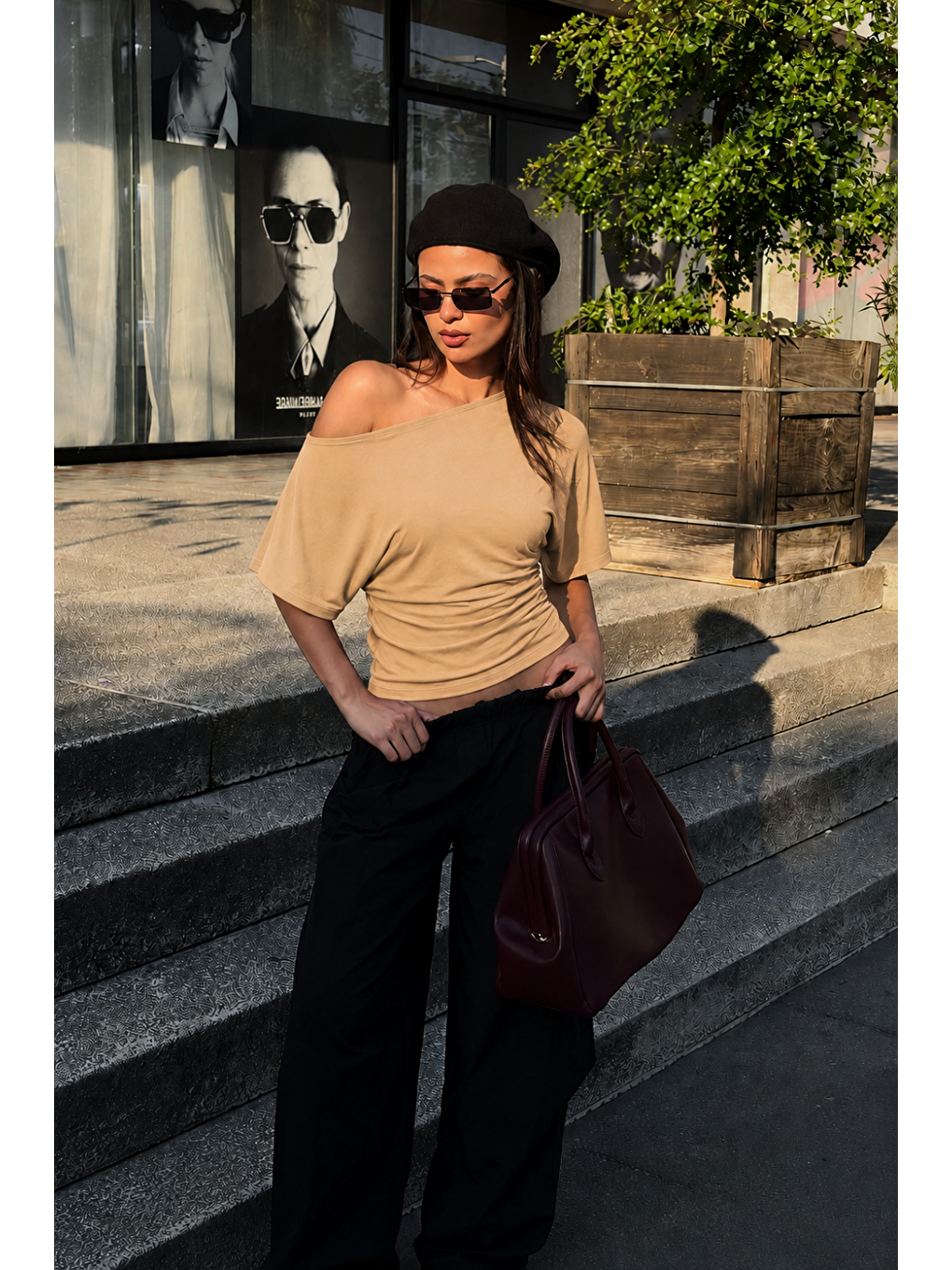Kadın Günlük Casual Dar Bej Crop Bluz