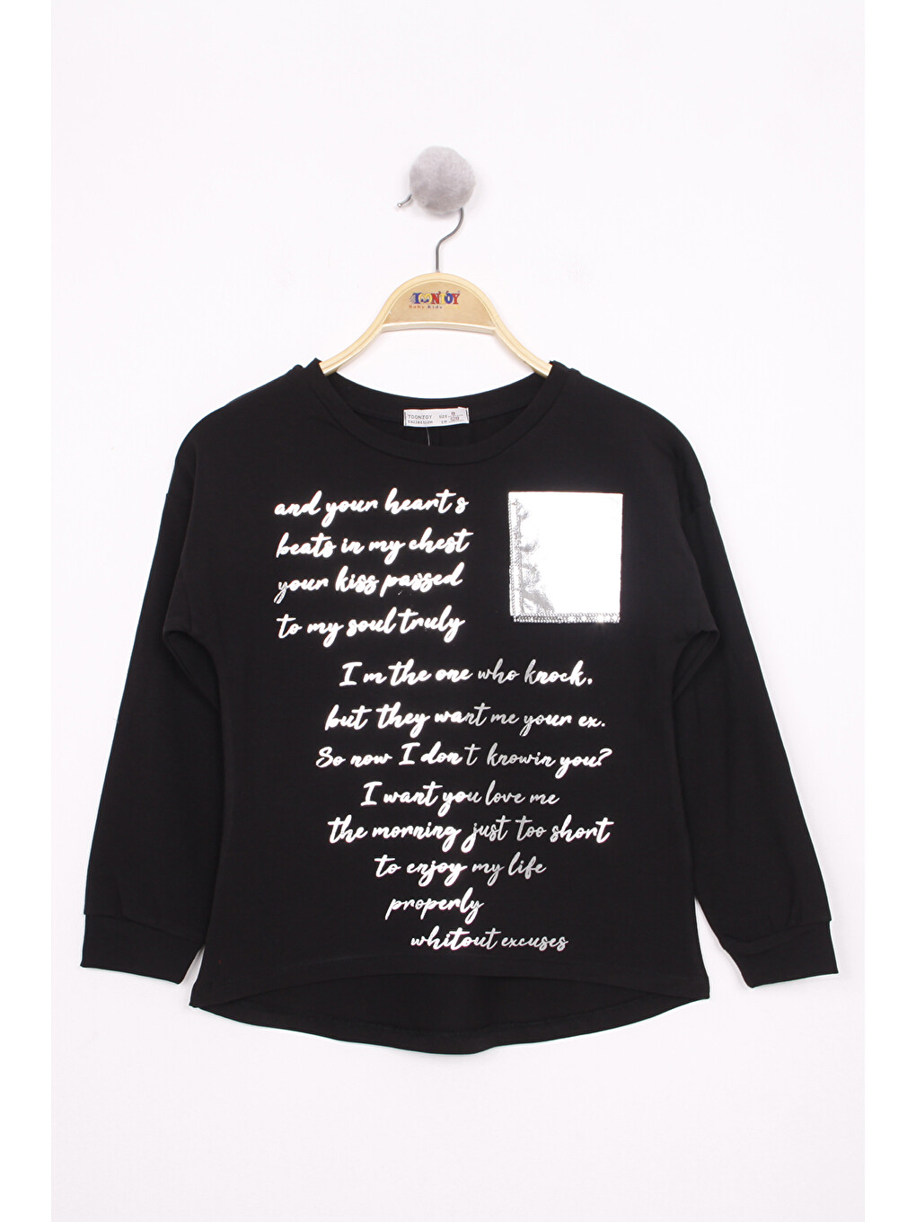 Siyah Kız Çocuk Varaklı Cep Baskılı T-Shirt