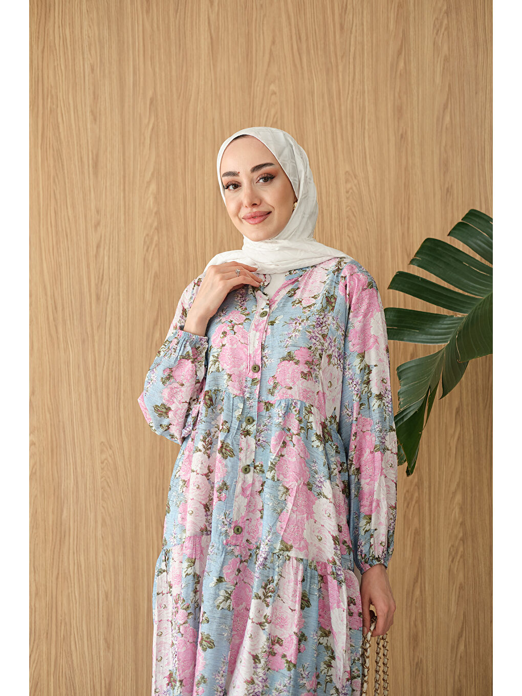 Kadın Mini Gül Desen Elbise Mavi-2