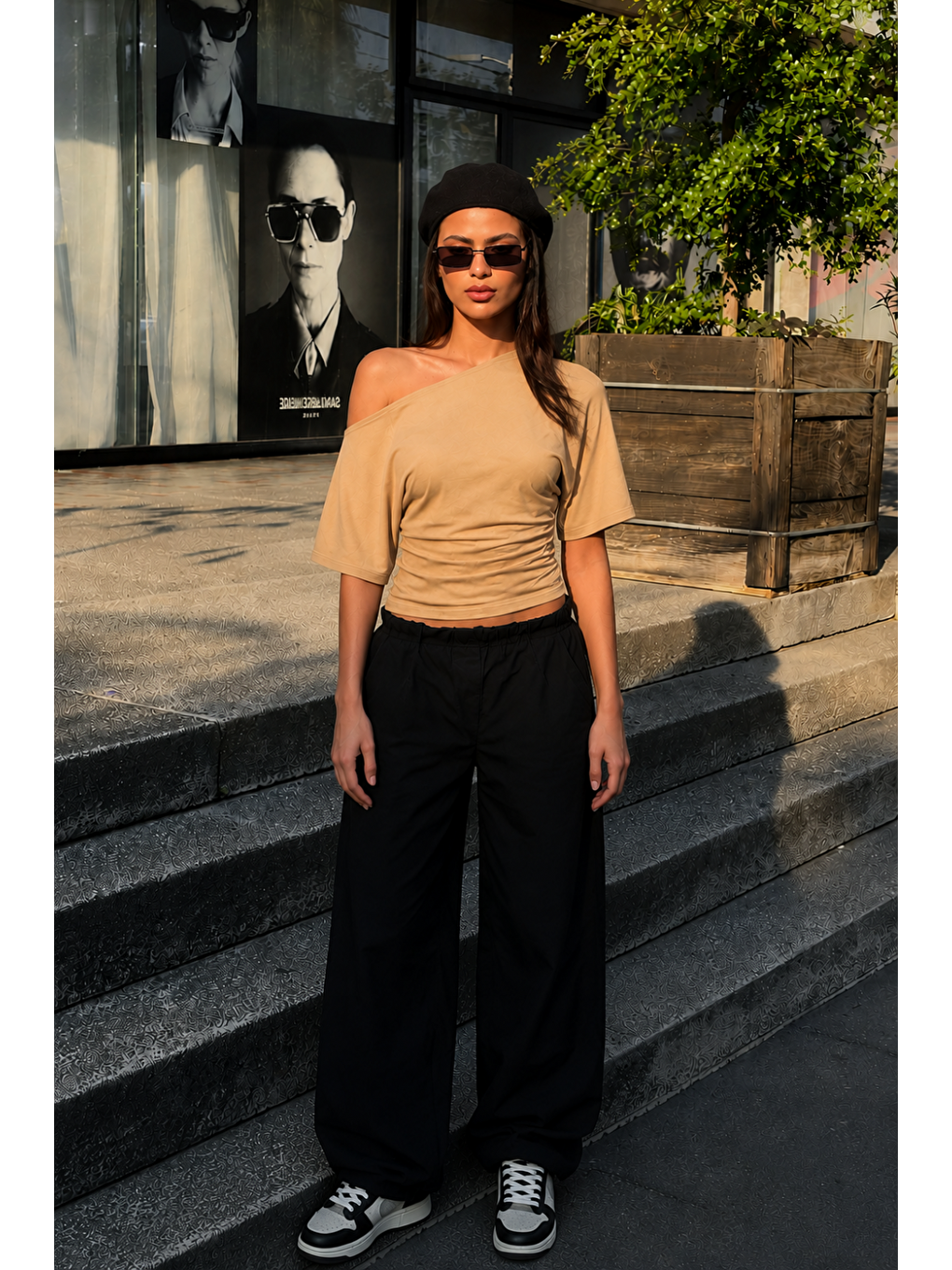 Kadın Günlük Casual Dar Bej Crop Bluz-1