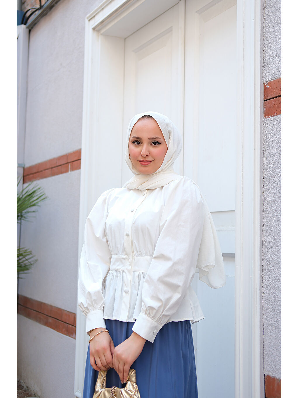 Kadın Beli Büzgü Detaylı Gömlek Beyaz-3