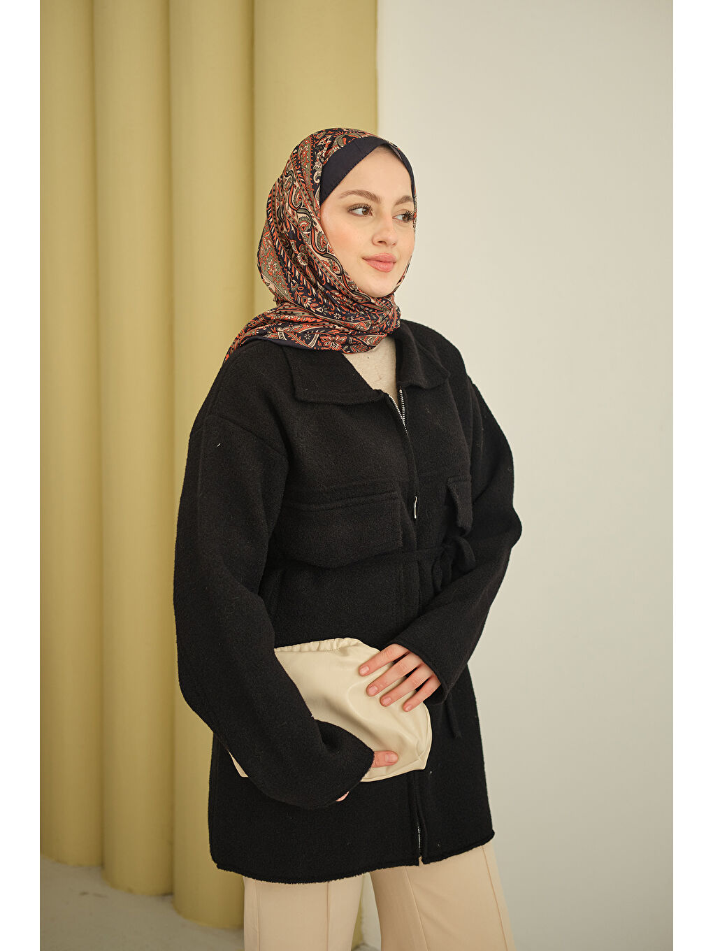 Kadın Cepli Keçe Hırka Siyah-4