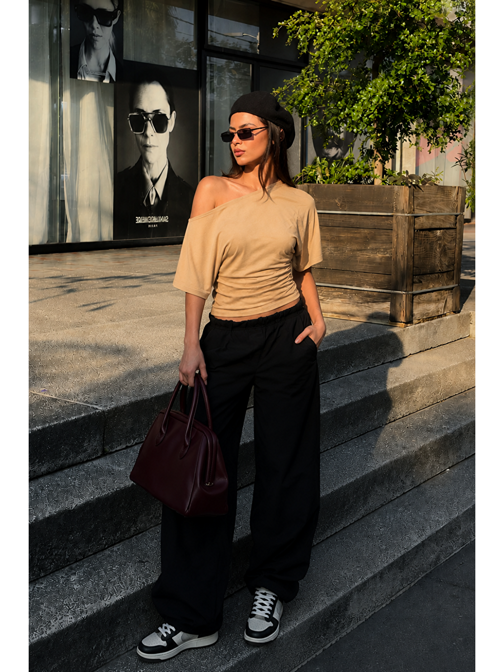 Kadın Günlük Casual Dar Bej Crop Bluz-3