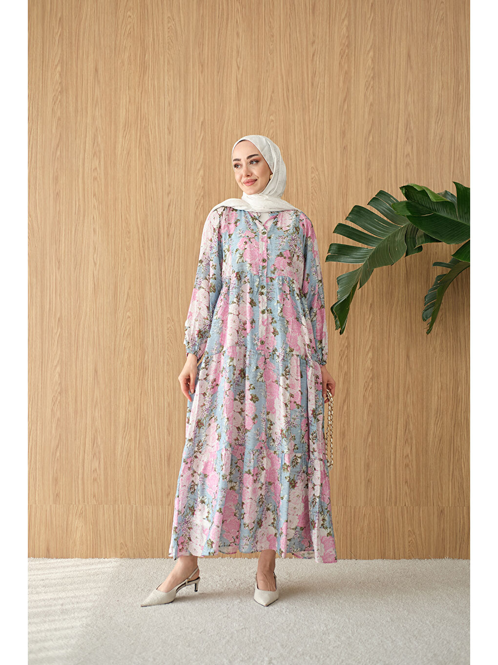 Kadın Mini Gül Desen Elbise Mavi-3