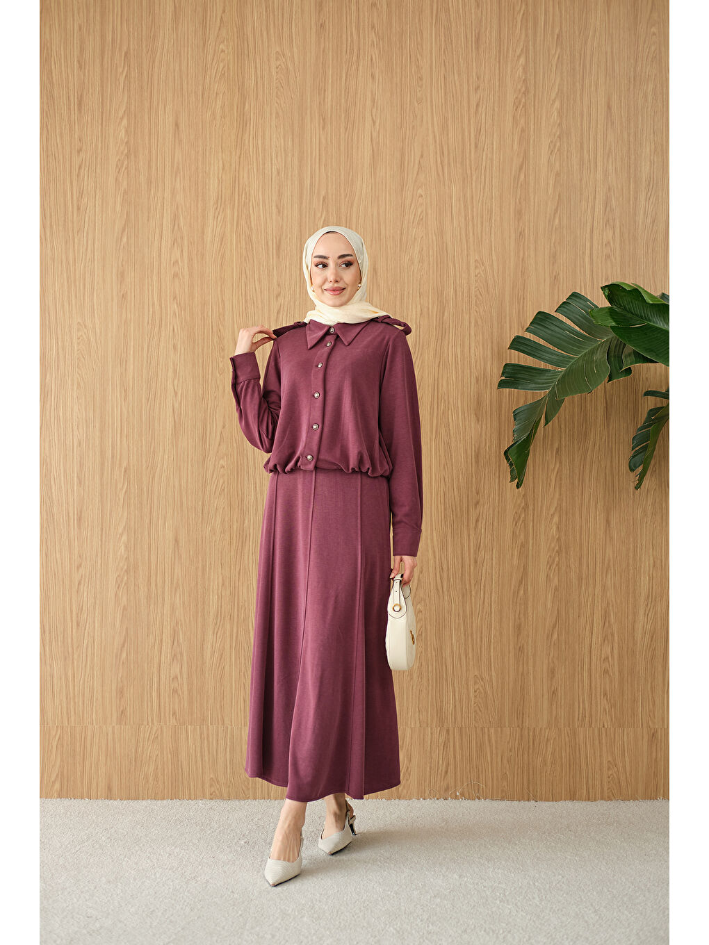 Kadın Gömlek Yaka Gümüş Düğme Detay Takım Bordo-1
