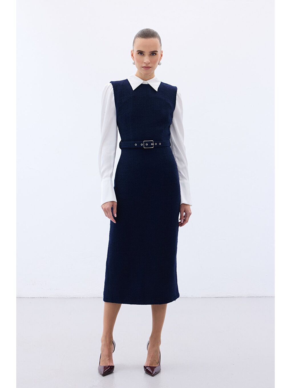 Kemerli Tüvit Elbise - Lacivert-1