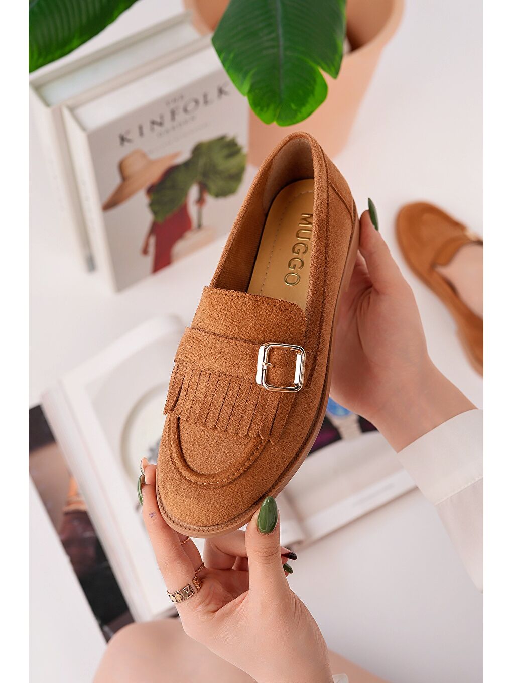 Kahverengi TUFT Gold Tokalı Püsküllü Süet Kadın Günlük Loafer Ayakkabı-4
