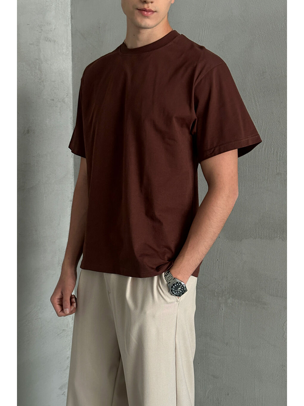 Kahverengi Erkek %100 Pamuk Oversize Basic T-shirt-3