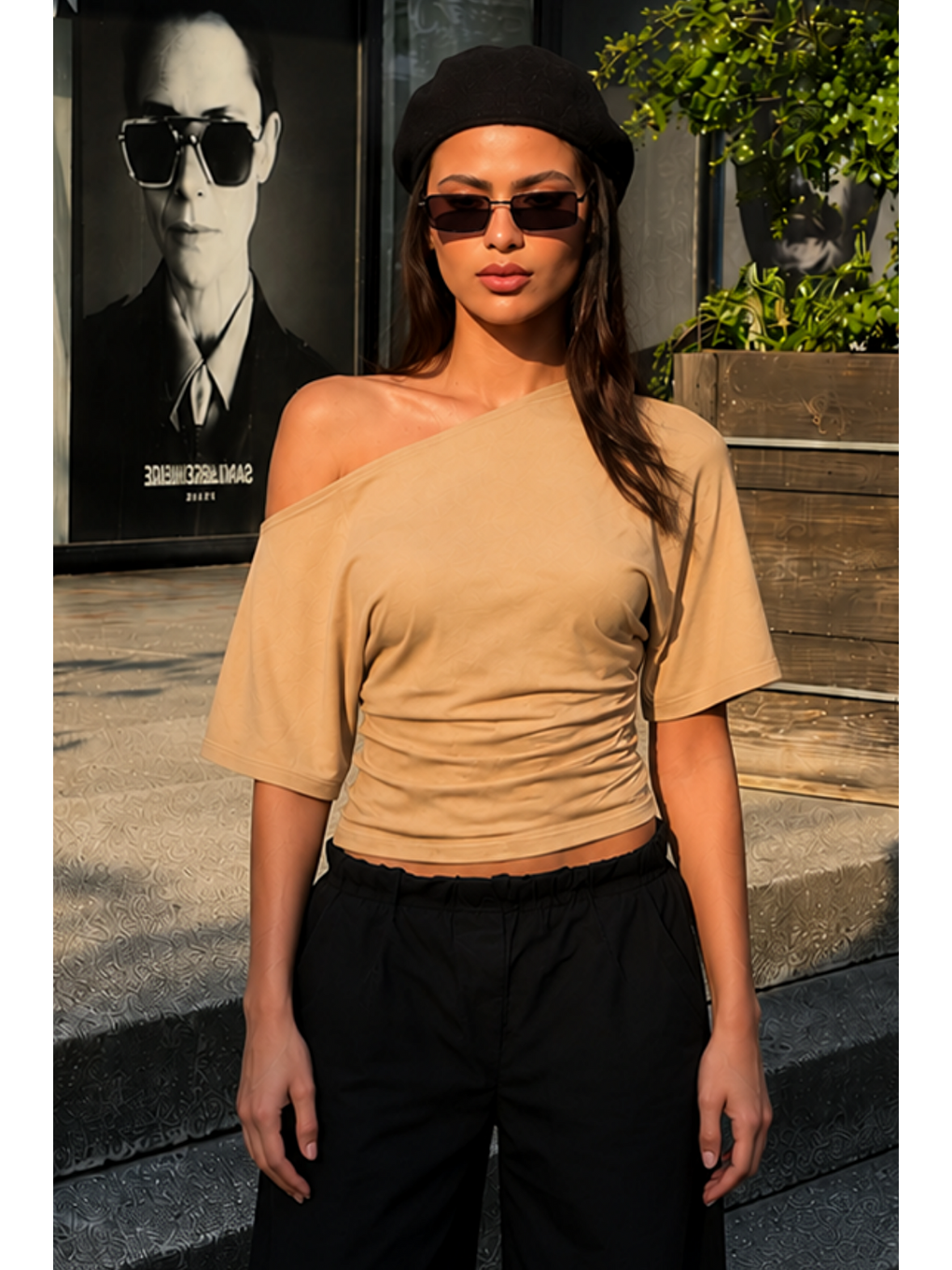Kadın Günlük Casual Dar Bej Crop Bluz-4