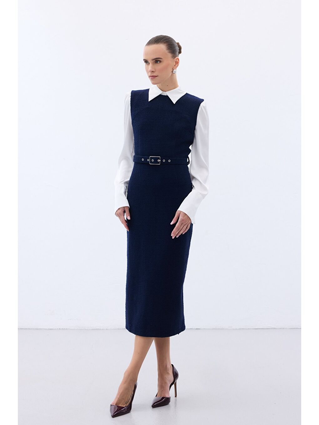 Kemerli Tüvit Elbise - Lacivert-3