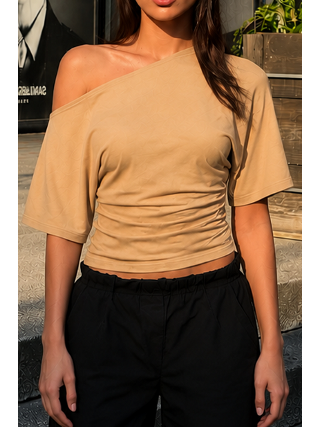 Kadın Günlük Casual Dar Bej Crop Bluz-5