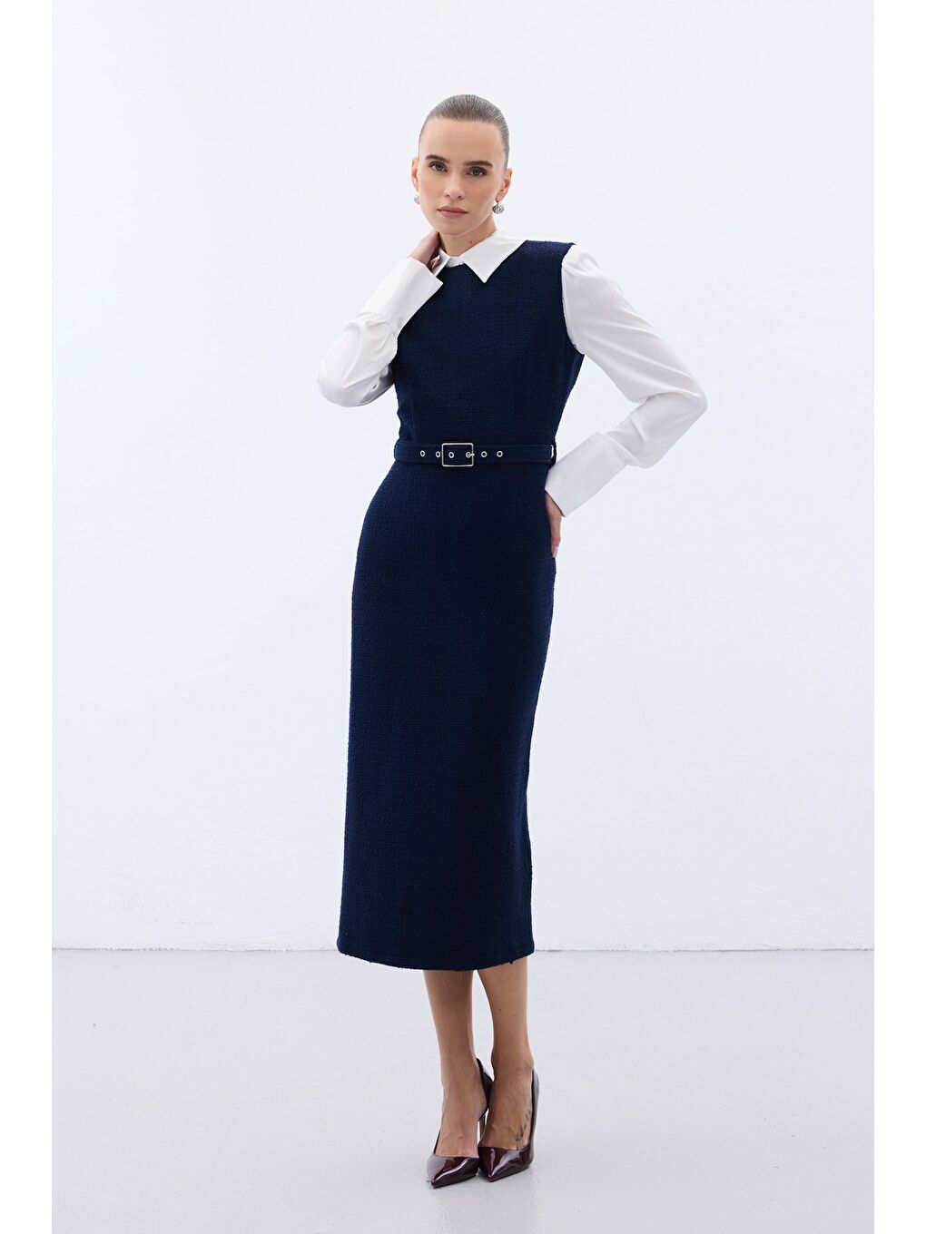 Kemerli Tüvit Elbise - Lacivert-4