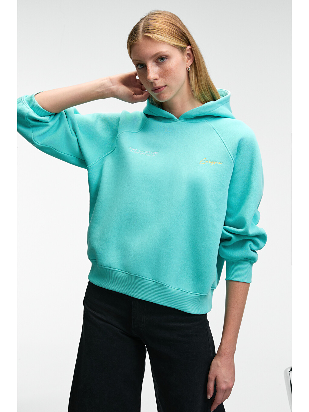 Orınque Kadın Kapüşonlu Baskı Ve Nakış Detaylı Oversize Turkuaz Sweatshirt-3