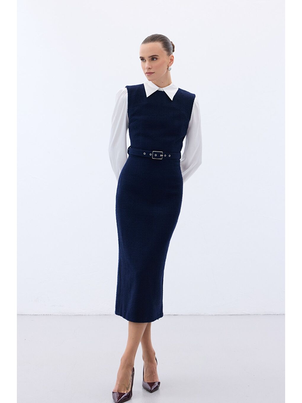 Kemerli Tüvit Elbise - Lacivert-5