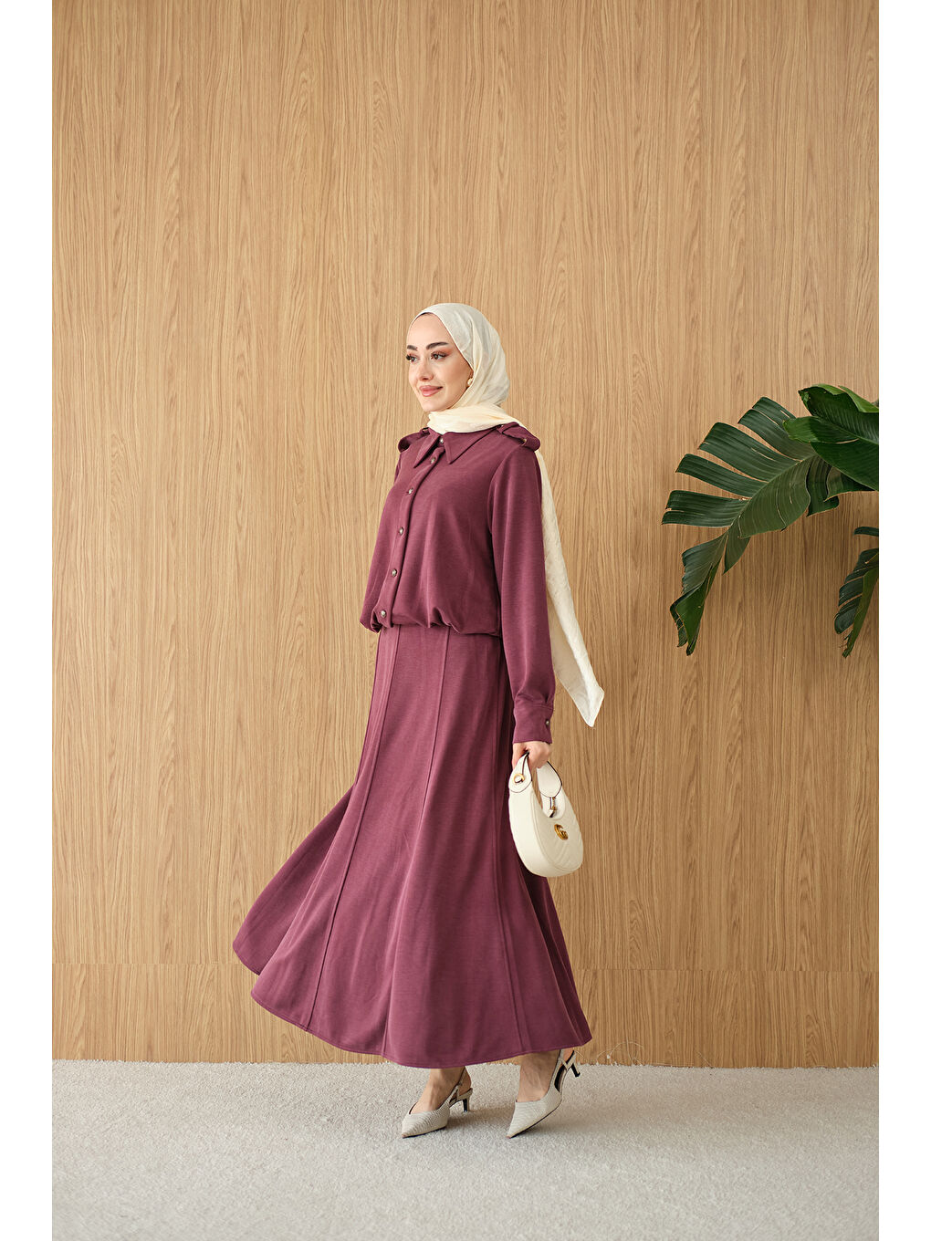 Kadın Gömlek Yaka Gümüş Düğme Detay Takım Bordo-2