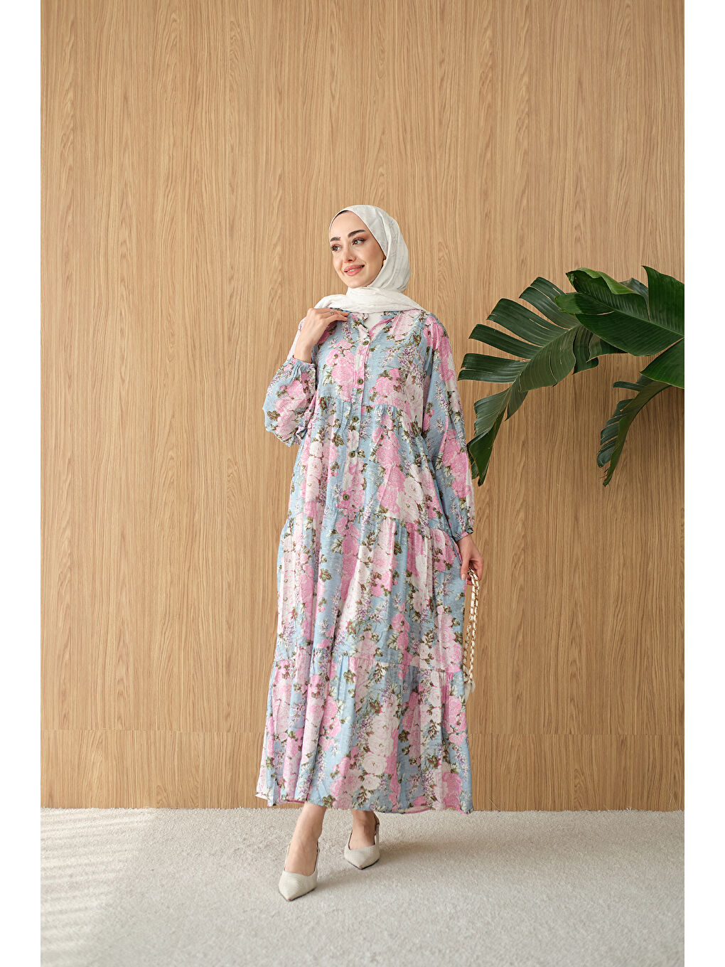 Kadın Mini Gül Desen Elbise Mavi-4