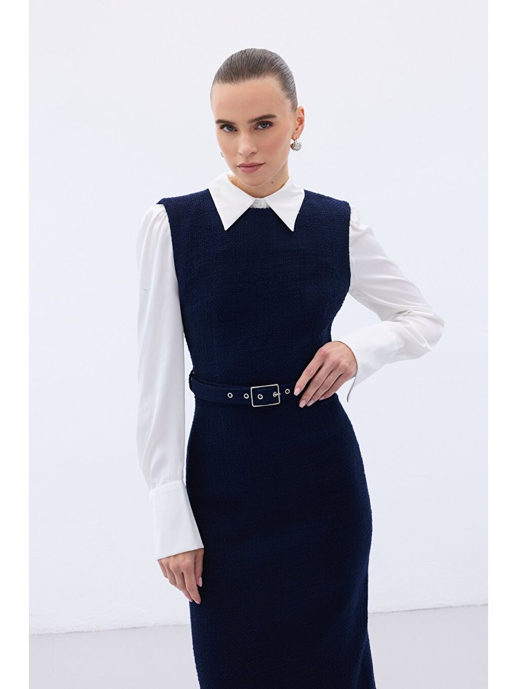 Kemerli Tüvit Elbise - Lacivert-6