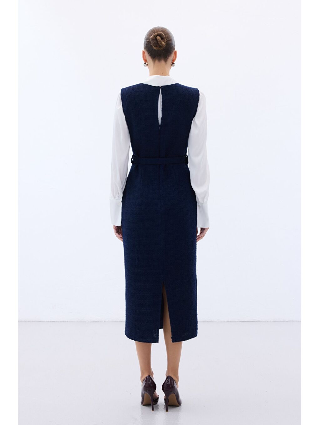 Kemerli Tüvit Elbise - Lacivert-7