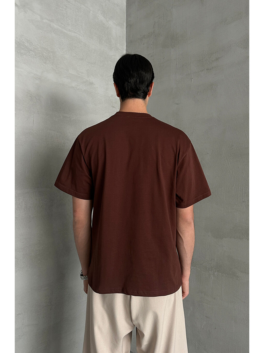 Kahverengi Erkek %100 Pamuk Oversize Basic T-shirt-5