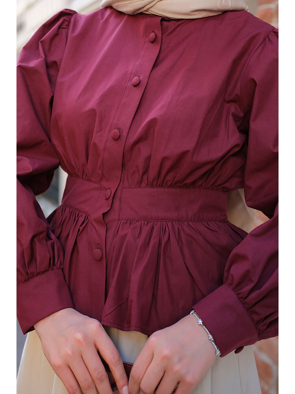 Kadın Beli Büzgü Detaylı Gömlek Bordo-3